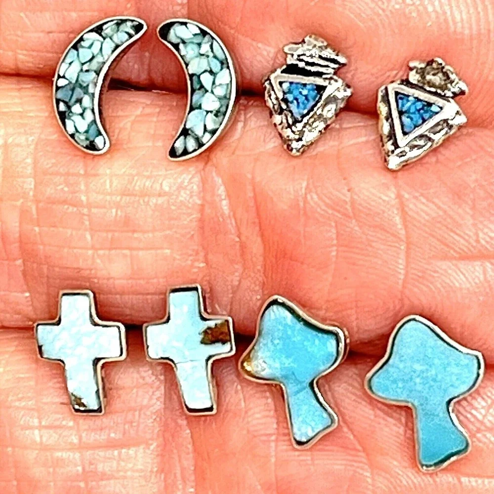 VTG Navajo Turquoise Stud Earring Lot‎ 4 Pair Arrowhead Moon Cross Sterling 925